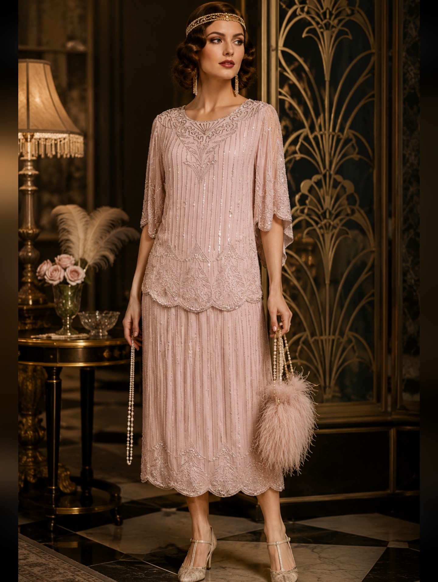 Judith Ann Creations 1920s Style Silk Pink Sz M Sequined Beaded Flapper Dress #W